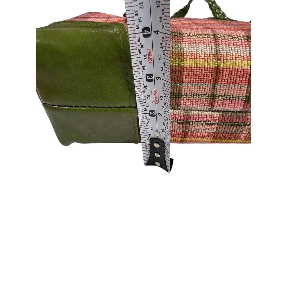 Plaid Tote‎ Bag Green Faux Leather Trim Braided Handles